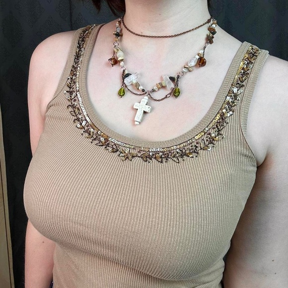 khaki tan beaded tank top - Picture 3 of 5